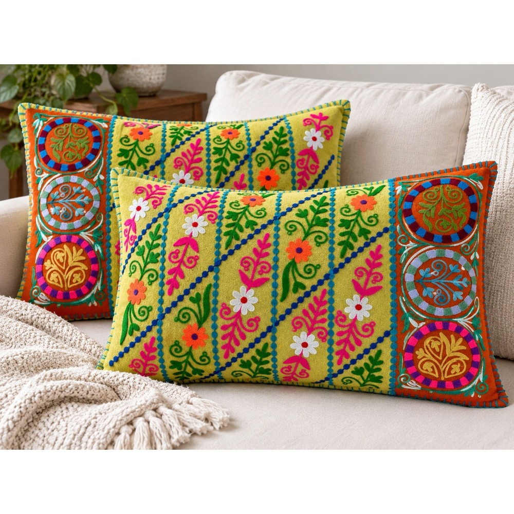 Karma Living Pillow Covers Set of 2 14x20 Yellow Wool Embroidered Boho Good